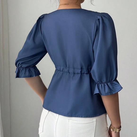 Boho Blue Floral Embroidered Puff Sleeve Blouse - Picture 5 of 5